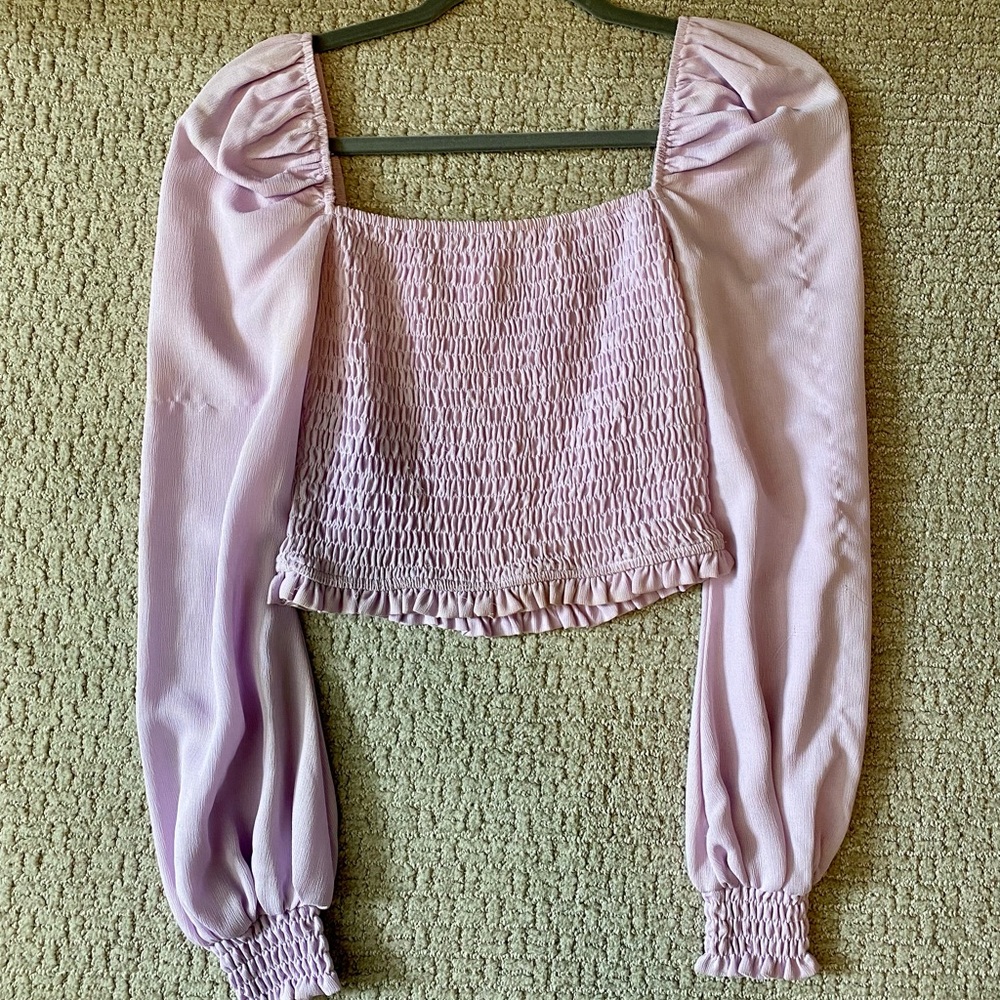 COPY - Lavender Long Sleeve Cinched Blouse Top, Cropped, Puff Shoulder, XS, Sup…